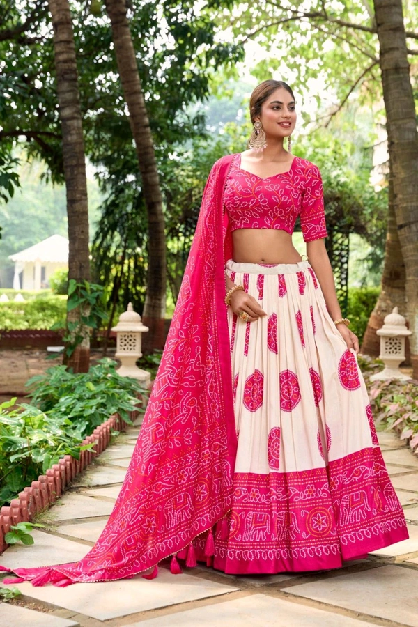 Antique Fashion 1 Artistry in Silk: Tussar Lehenga Choli with Bandhej Print  - pink, Unstitched Blouse