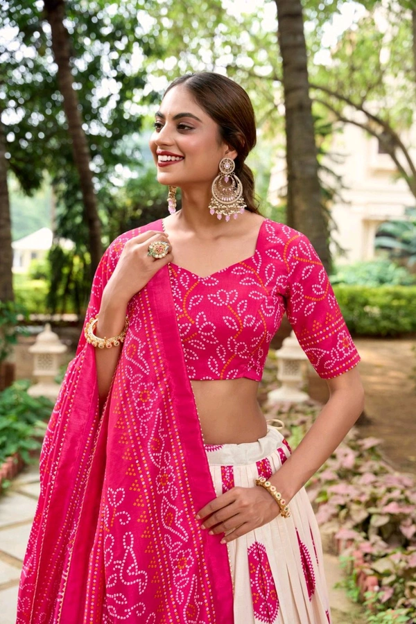 Antique Fashion 1 Artistry in Silk: Tussar Lehenga Choli with Bandhej Print  - pink, Unstitched Blouse