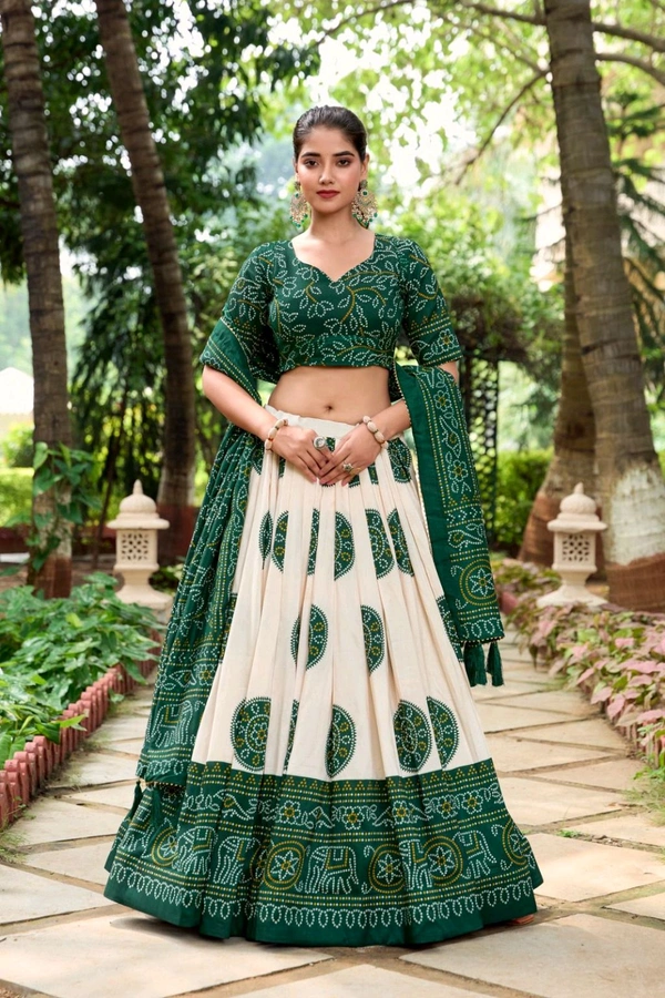 Antique Fashion 1 Artistry in Silk: Tussar Lehenga Choli with Bandhej Print  - green, Unstitched Blouse