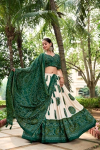 Antique Fashion 1 Artistry in Silk: Tussar Lehenga Choli with Bandhej Print  - green, Unstitched Blouse