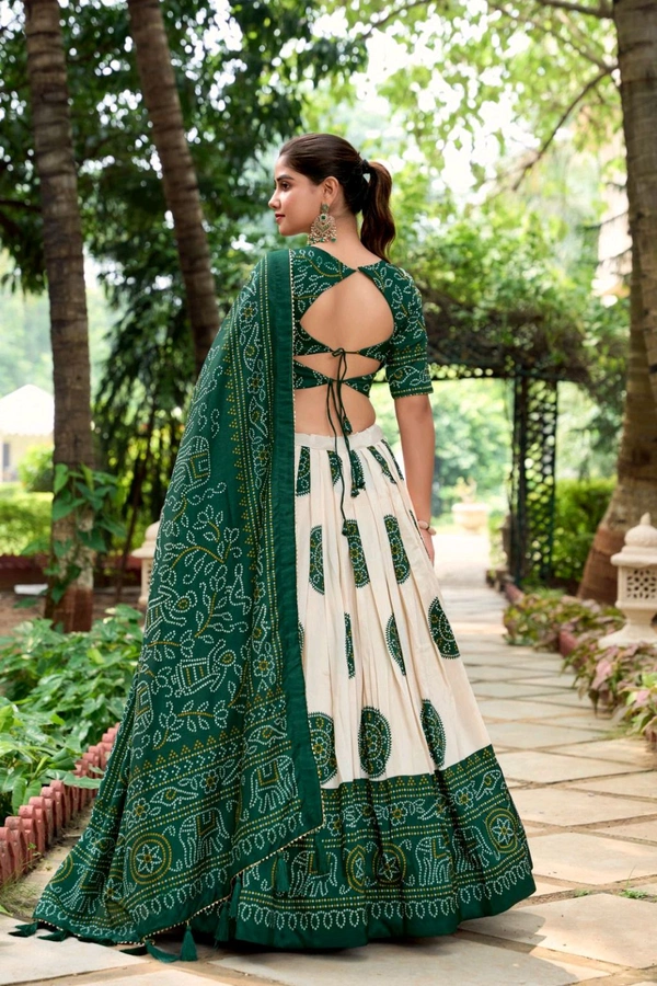Antique Fashion 1 Artistry in Silk: Tussar Lehenga Choli with Bandhej Print  - green, Unstitched Blouse