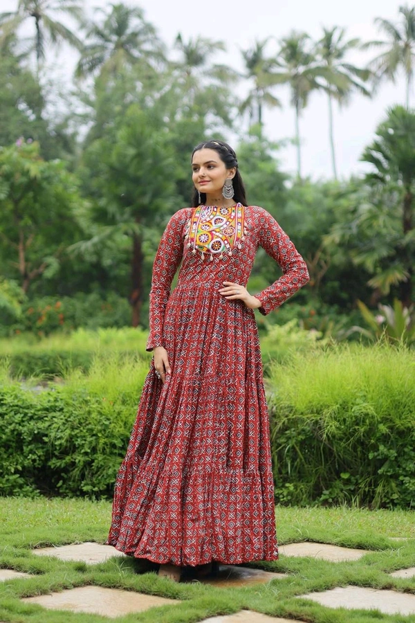 Antique Fashion 1 Designer Printed Gown Made from Heavy Printed Cotton with Kutchi Gamthi Lace and Kodi Work - colour 1