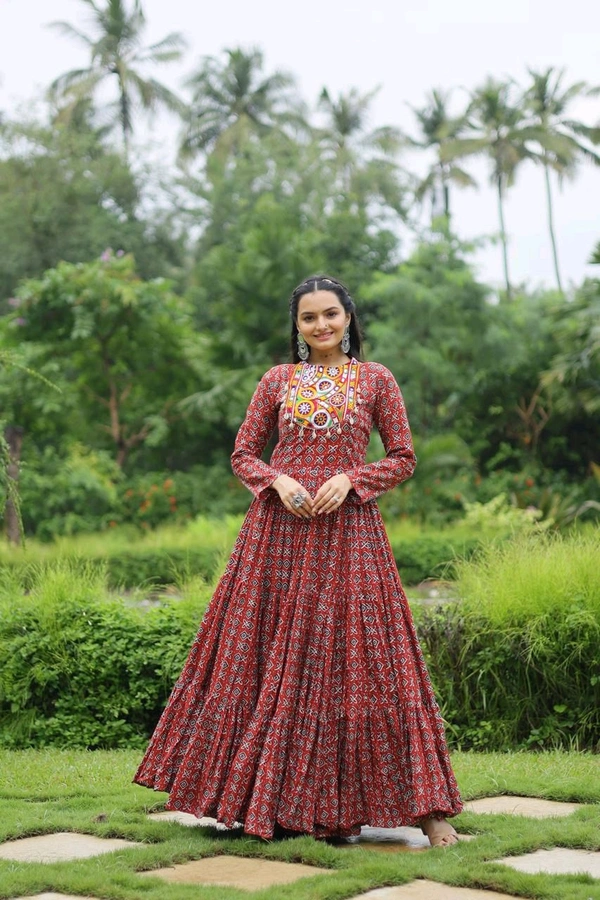 Antique Fashion 1 Designer Printed Gown Made from Heavy Printed Cotton with Kutchi Gamthi Lace and Kodi Work - colour 1