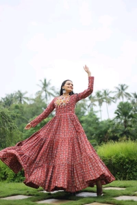 Antique Fashion 1 Designer Printed Gown Made from Heavy Printed Cotton with Kutchi Gamthi Lace and Kodi Work - colour 1