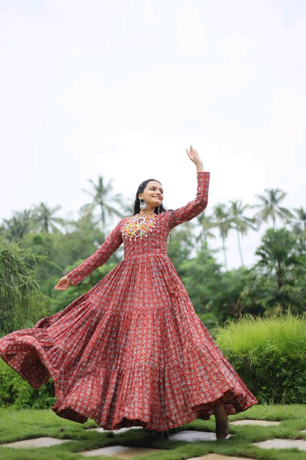 Antique Fashion 1 Designer Printed Gown Made from Heavy Printed Cotton with Kutchi Gamthi Lace and Kodi Work - colour 1