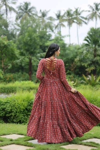 Antique Fashion 1 Designer Printed Gown Made from Heavy Printed Cotton with Kutchi Gamthi Lace and Kodi Work - colour 1