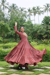 Antique Fashion 1 Designer Printed Gown Made from Heavy Printed Cotton with Kutchi Gamthi Lace and Kodi Work - colour 1