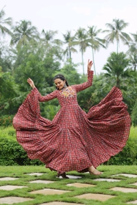 Antique Fashion 1 Designer Printed Gown Made from Heavy Printed Cotton with Kutchi Gamthi Lace and Kodi Work - colour 1