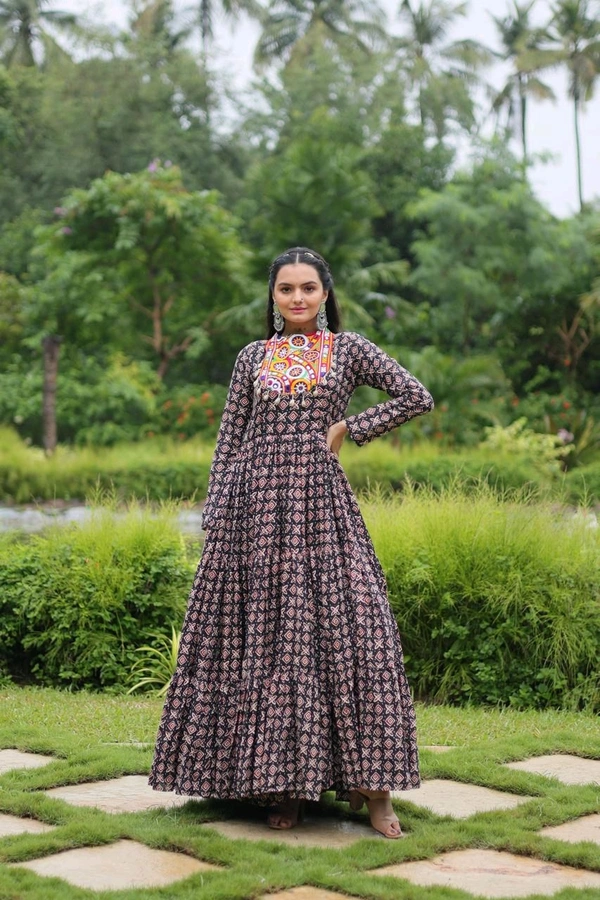 Antique Fashion 1 Designer Printed Gown Made from Heavy Printed Cotton with Kutchi Gamthi Lace and Kodi Work - colour 2
