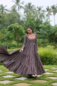 Antique Fashion 1 Designer Printed Gown Made from Heavy Printed Cotton with Kutchi Gamthi Lace and Kodi Work - colour 2