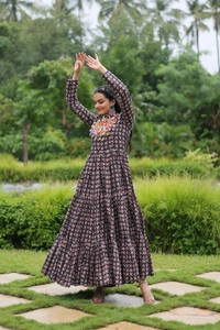 Antique Fashion 1 Designer Printed Gown Made from Heavy Printed Cotton with Kutchi Gamthi Lace and Kodi Work - colour 2