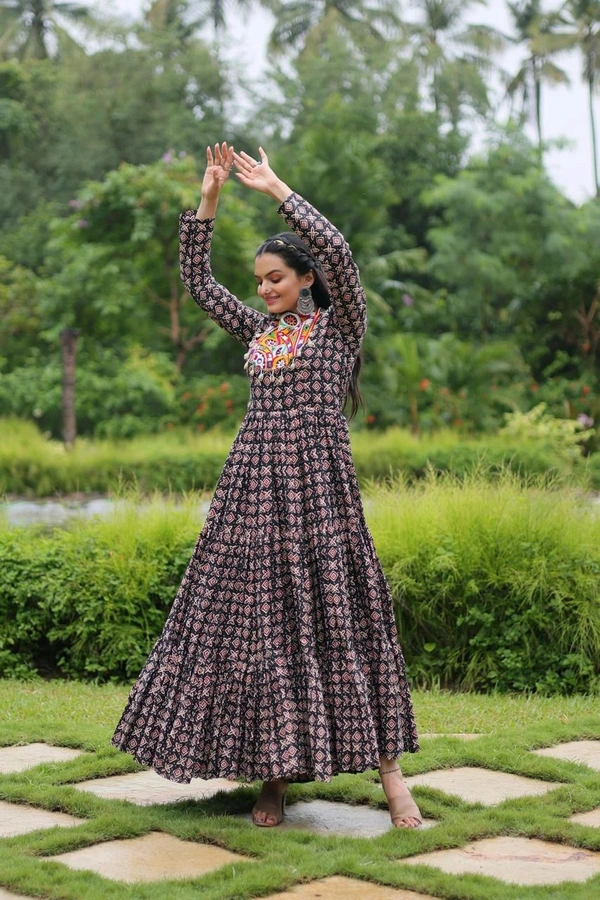 Antique Fashion 1 Designer Printed Gown Made from Heavy Printed Cotton with Kutchi Gamthi Lace and Kodi Work - colour 2