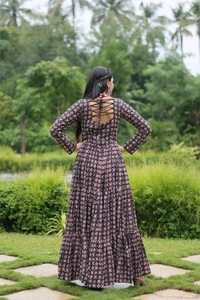 Antique Fashion 1 Designer Printed Gown Made from Heavy Printed Cotton with Kutchi Gamthi Lace and Kodi Work - colour 2