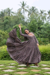 Antique Fashion 1 Designer Printed Gown Made from Heavy Printed Cotton with Kutchi Gamthi Lace and Kodi Work - colour 2