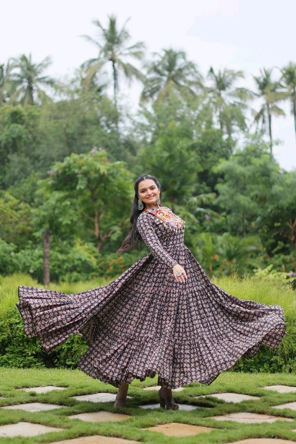 Antique Fashion 1 Designer Printed Gown Made from Heavy Printed Cotton with Kutchi Gamthi Lace and Kodi Work - colour 2