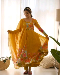 Antique Fashion 1 REAL MODELING PURE SOFT ORGANJA SILK FABRIC FULLY FLAIR KALI PATTERN AND CANVAS PATTA WITH DUPPTA SET ,PENT READY TO WEAR* - X's (34), Web Orange