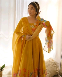 Antique Fashion 1 REAL MODELING PURE SOFT ORGANJA SILK FABRIC FULLY FLAIR KALI PATTERN AND CANVAS PATTA WITH DUPPTA SET ,PENT READY TO WEAR* - X's (34), Web Orange