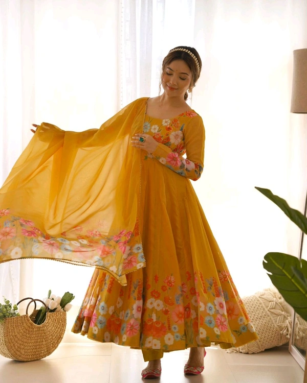 Antique Fashion 1 REAL MODELING PURE SOFT ORGANJA SILK FABRIC FULLY FLAIR KALI PATTERN AND CANVAS PATTA WITH DUPPTA SET ,PENT READY TO WEAR* - S (36), Web Orange