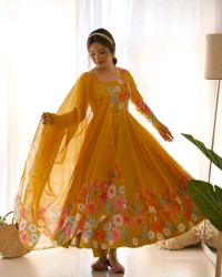 Antique Fashion 1 REAL MODELING PURE SOFT ORGANJA SILK FABRIC FULLY FLAIR KALI PATTERN AND CANVAS PATTA WITH DUPPTA SET ,PENT READY TO WEAR* - S (36), Web Orange