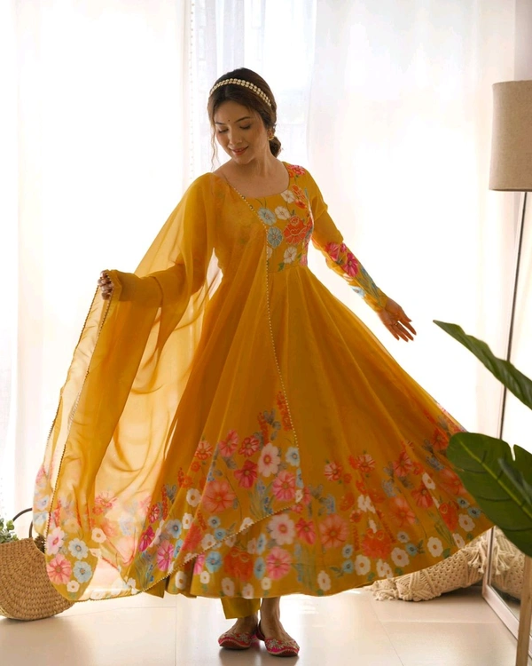 Antique Fashion 1 REAL MODELING PURE SOFT ORGANJA SILK FABRIC FULLY FLAIR KALI PATTERN AND CANVAS PATTA WITH DUPPTA SET ,PENT READY TO WEAR* - S (36), Web Orange
