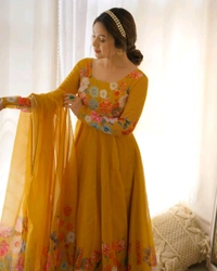 Antique Fashion 1 REAL MODELING PURE SOFT ORGANJA SILK FABRIC FULLY FLAIR KALI PATTERN AND CANVAS PATTA WITH DUPPTA SET ,PENT READY TO WEAR* - S (36), Web Orange