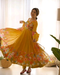 Antique Fashion 1 REAL MODELING PURE SOFT ORGANJA SILK FABRIC FULLY FLAIR KALI PATTERN AND CANVAS PATTA WITH DUPPTA SET ,PENT READY TO WEAR* - S (36), Web Orange