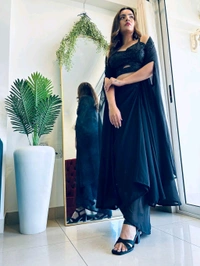 Antique Fashion 1 This wedding season flaunt this Irresistible party wear get ready to slay the cocktail look 3 pcs sharong dress is back in black  embellished with beautiful pure hand work in bustier and cape boders - M