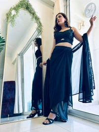 Antique Fashion 1 This wedding season flaunt this Irresistible party wear get ready to slay the cocktail look 3 pcs sharong dress is back in black  embellished with beautiful pure hand work in bustier and cape boders - M