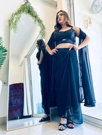 Antique Fashion 1 This wedding season flaunt this Irresistible party wear get ready to slay the cocktail look 3 pcs sharong dress is back in black  embellished with beautiful pure hand work in bustier and cape boders - M
