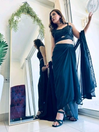 Antique Fashion 1 This wedding season flaunt this Irresistible party wear get ready to slay the cocktail look 3 pcs sharong dress is back in black  embellished with beautiful pure hand work in bustier and cape boders - M