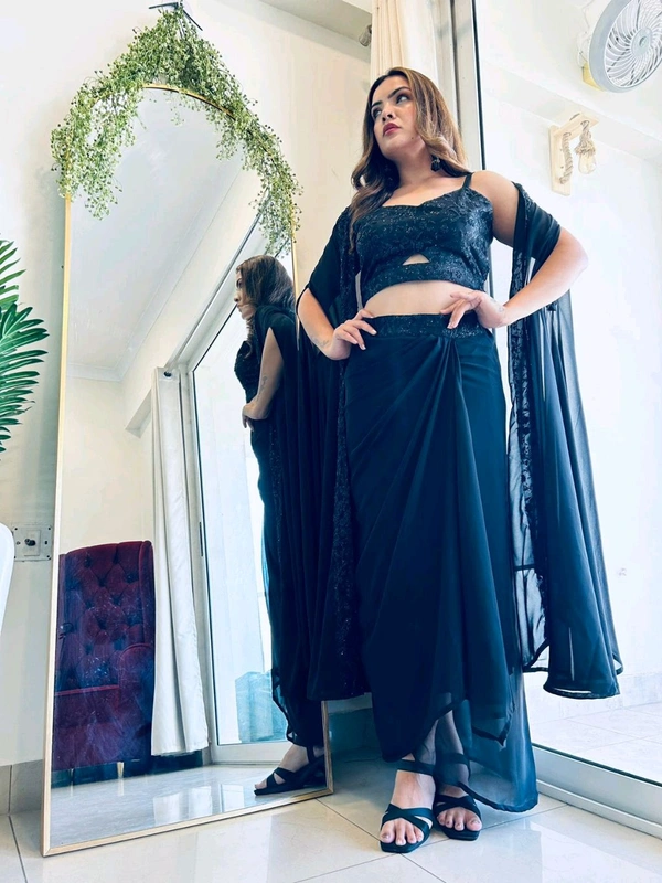 Antique Fashion 1 This wedding season flaunt this Irresistible party wear get ready to slay the cocktail look 3 pcs sharong dress is back in black  embellished with beautiful pure hand work in bustier and cape boders - XXL