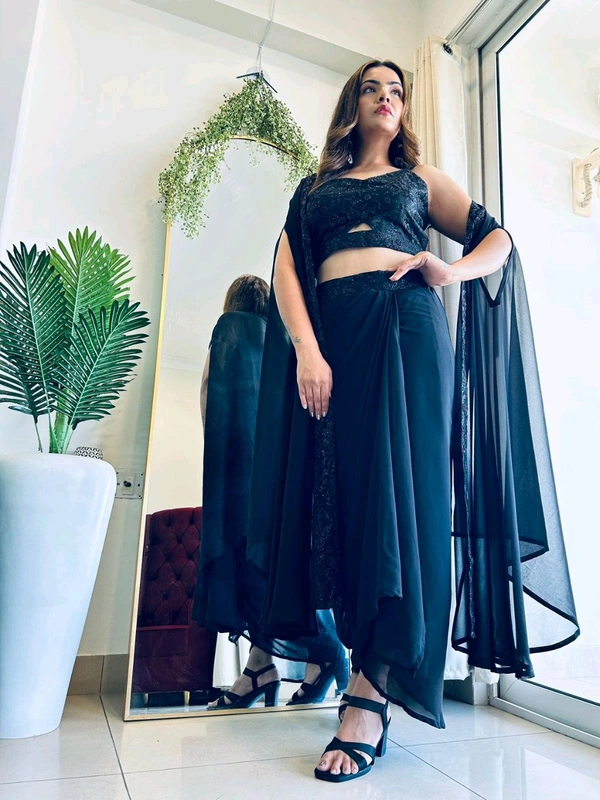 Antique Fashion 1 This wedding season flaunt this Irresistible party wear get ready to slay the cocktail look 3 pcs sharong dress is back in black  embellished with beautiful pure hand work in bustier and cape boders - XXXL