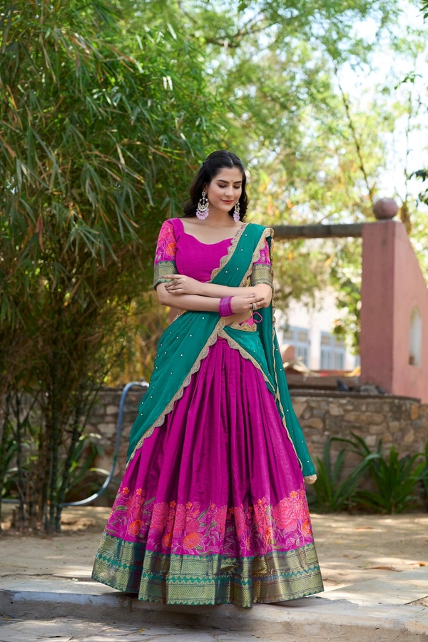 Antique Fashion 1 Capture Attention with Our Stunning Cotton Silk Lehenga Featuring Detailed Thread Embroidery and a Beautifully Drape Georgette Dupatta  - colour 1