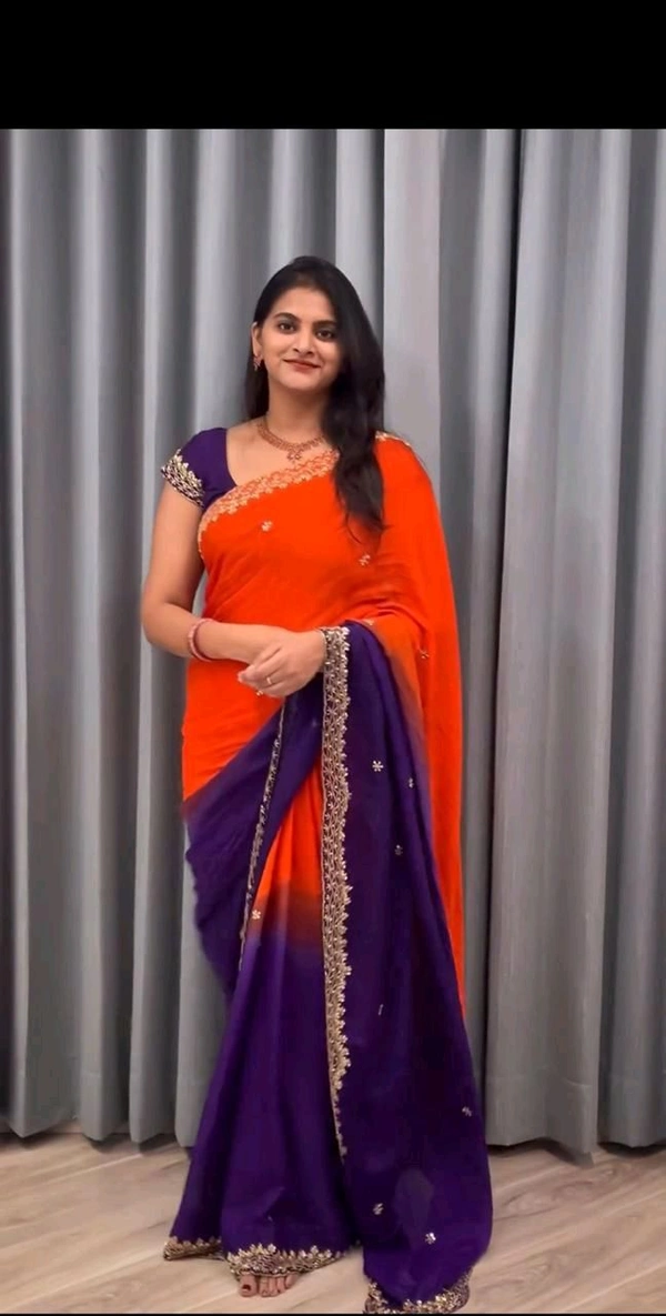 Antique Fashion 1 Soft Hand Dyeing Chinnon Saree With Heavy Embroidery Sequence And Jari Work And Border Arca - Stitched Blouse, colour 1