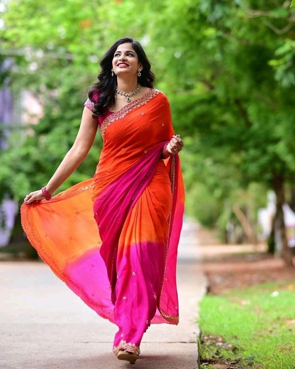 Antique Fashion 1 Soft Hand Dyeing Chinnon Saree With Heavy Embroidery Sequence And Jari Work And Border Arca - Stitched Blouse, colour 2
