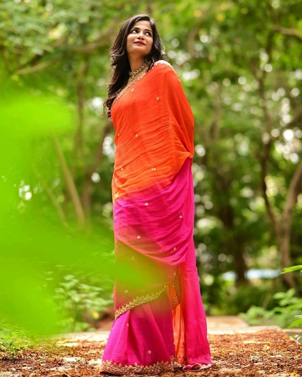 Antique Fashion 1 Soft Hand Dyeing Chinnon Saree With Heavy Embroidery Sequence And Jari Work And Border Arca - Stitched Blouse, colour 2