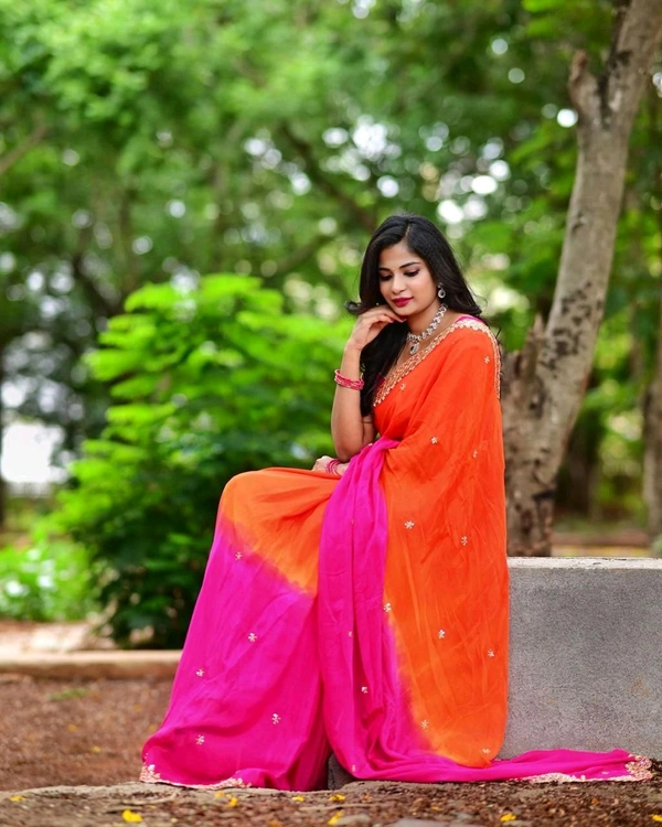 Antique Fashion 1 Soft Hand Dyeing Chinnon Saree With Heavy Embroidery Sequence And Jari Work And Border Arca - Unstitched Blouse, colour 2