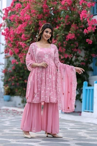 Antique Fashion 1 Premium Quality Flared Embroidered Peplum Set With Dupatta And Sharara      - M