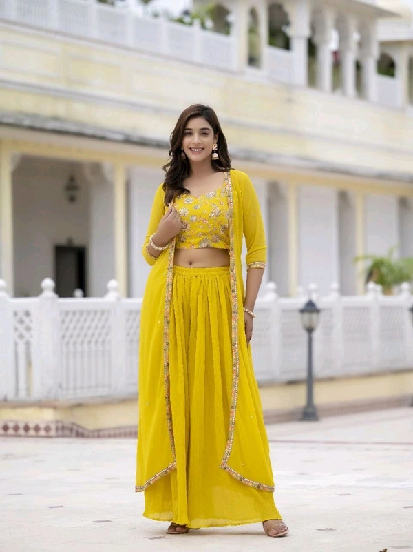 Antique Fashion 1 Embroidered Choli And Shrug With Flared Palazzo  - XL