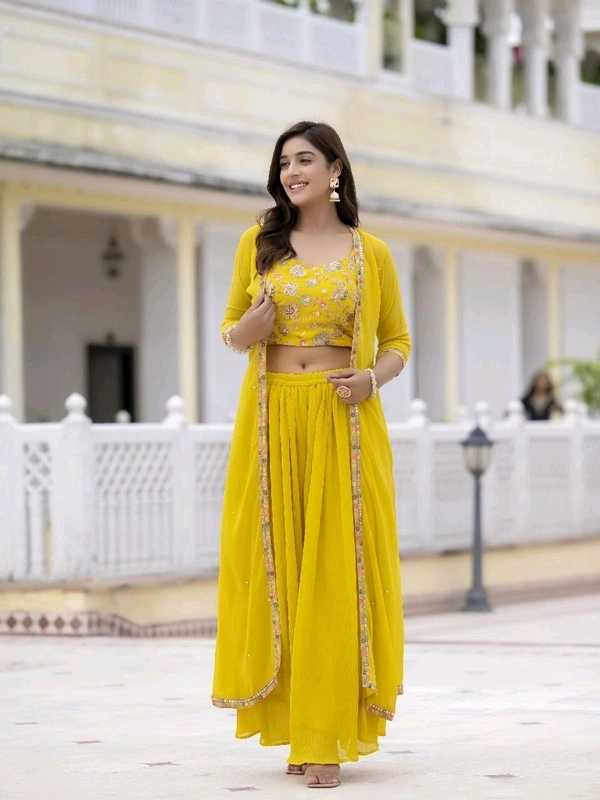 Antique Fashion 1 Embroidered Choli And Shrug With Flared Palazzo  - XL