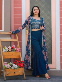 Antique Fashion 1 Embroidered Choli With Printed Shrug And Sharara   - M