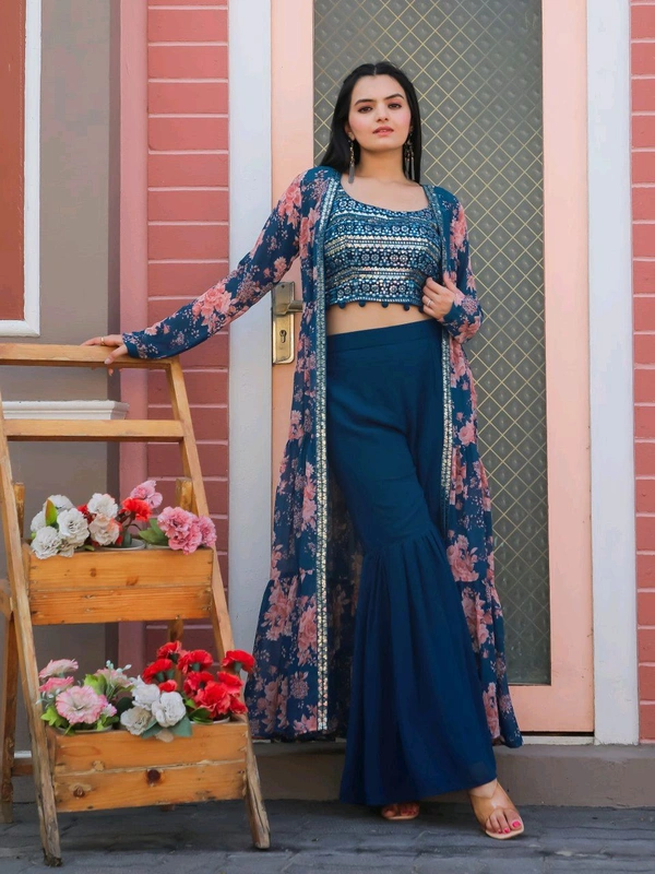 Antique Fashion 1 Embroidered Choli With Printed Shrug And Sharara   - L