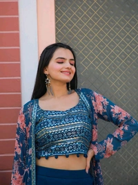 Antique Fashion 1 Embroidered Choli With Printed Shrug And Sharara   - L