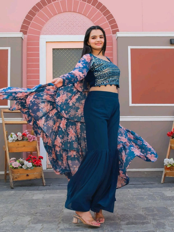 Antique Fashion 1 Embroidered Choli With Printed Shrug And Sharara   - L