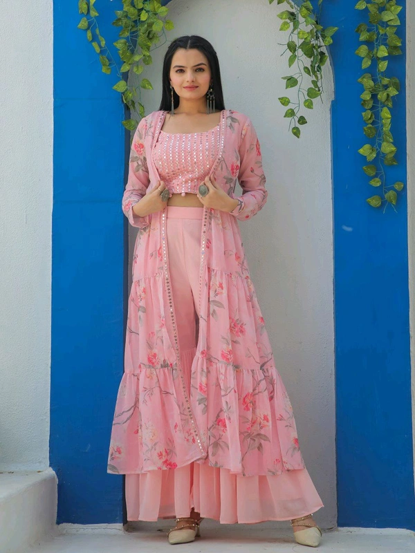 Antique Fashion 1 Embroidered Choli With Printed Shrug And Sharara   - S