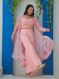 Antique Fashion 1 Embroidered Choli With Printed Shrug And Sharara   - S