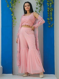 Antique Fashion 1 Embroidered Choli With Printed Shrug And Sharara   - S