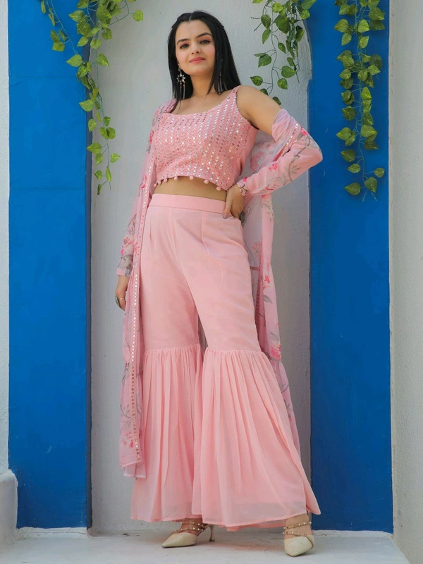 Antique Fashion 1 Embroidered Choli With Printed Shrug And Sharara   - S