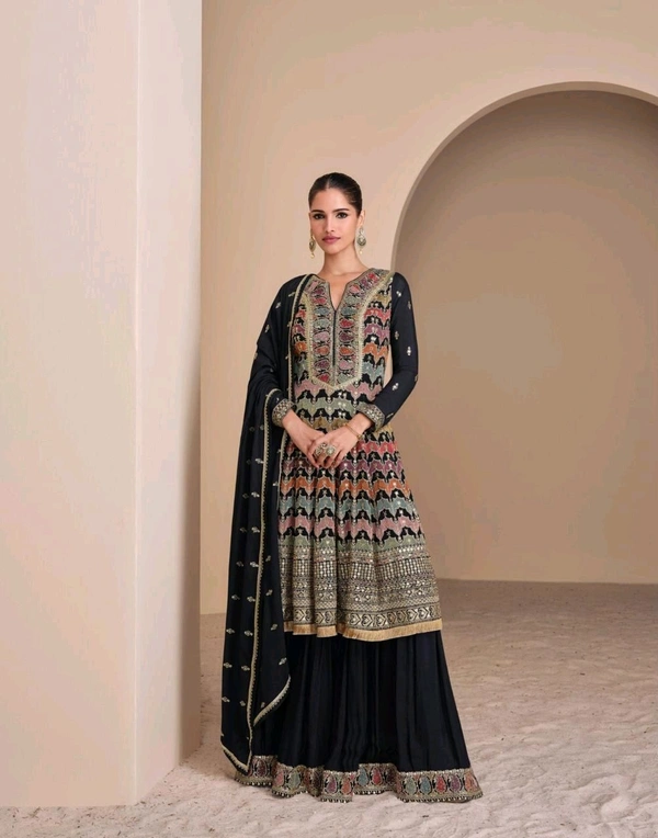 Antique Fashion 1 FABRIC  REAL GEROGETTE  HEAVY LOOK EMBROIDERED TOP WITH HAND SEROSKI AND EMBROIDERED PLAZZO WITH EMBROIDERED DUPATTA - M