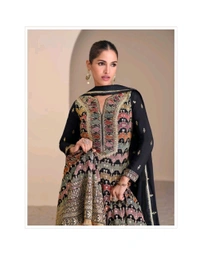 Antique Fashion 1 FABRIC  REAL GEROGETTE  HEAVY LOOK EMBROIDERED TOP WITH HAND SEROSKI AND EMBROIDERED PLAZZO WITH EMBROIDERED DUPATTA - M